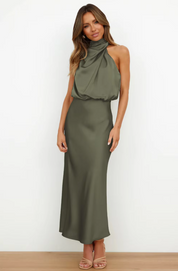 Imelda Satin Halter Evening Dress Army green Dress