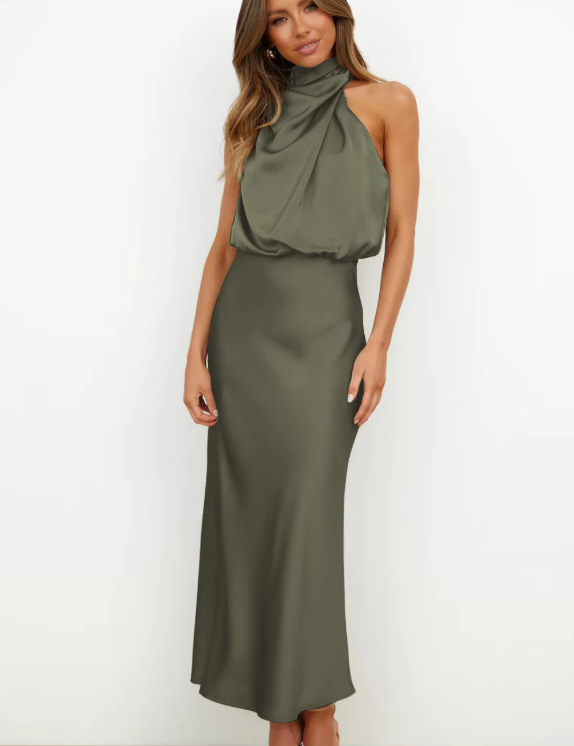 Imelda Satin Halter Evening Dress Army green Dress