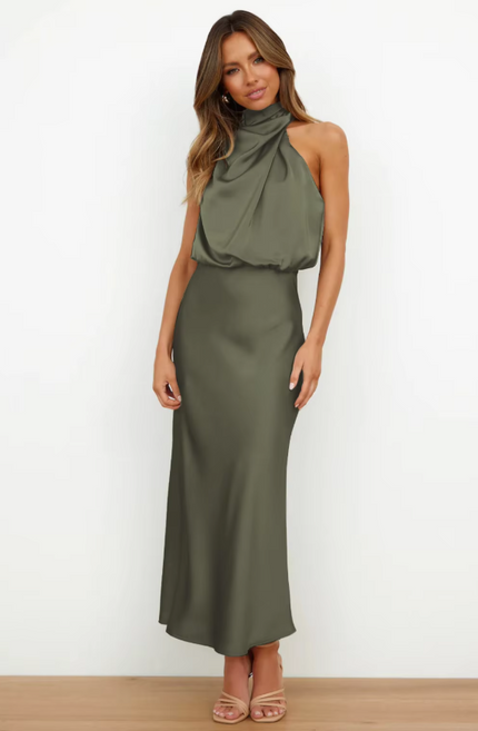 Imelda™ | Long Satin Dress with Halter Neckline Army green Dress