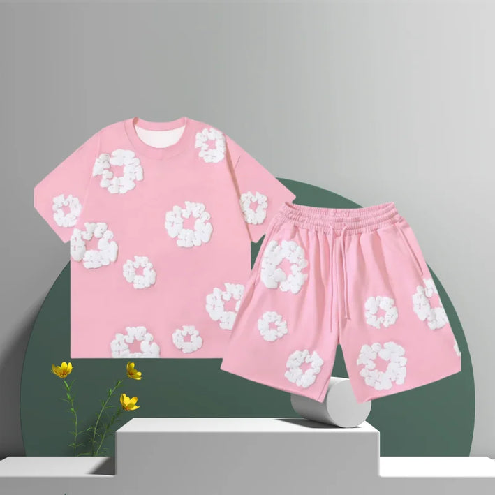 Denim Tears Cotton Flower 3D Printed Shorts Set Pink Shorts
