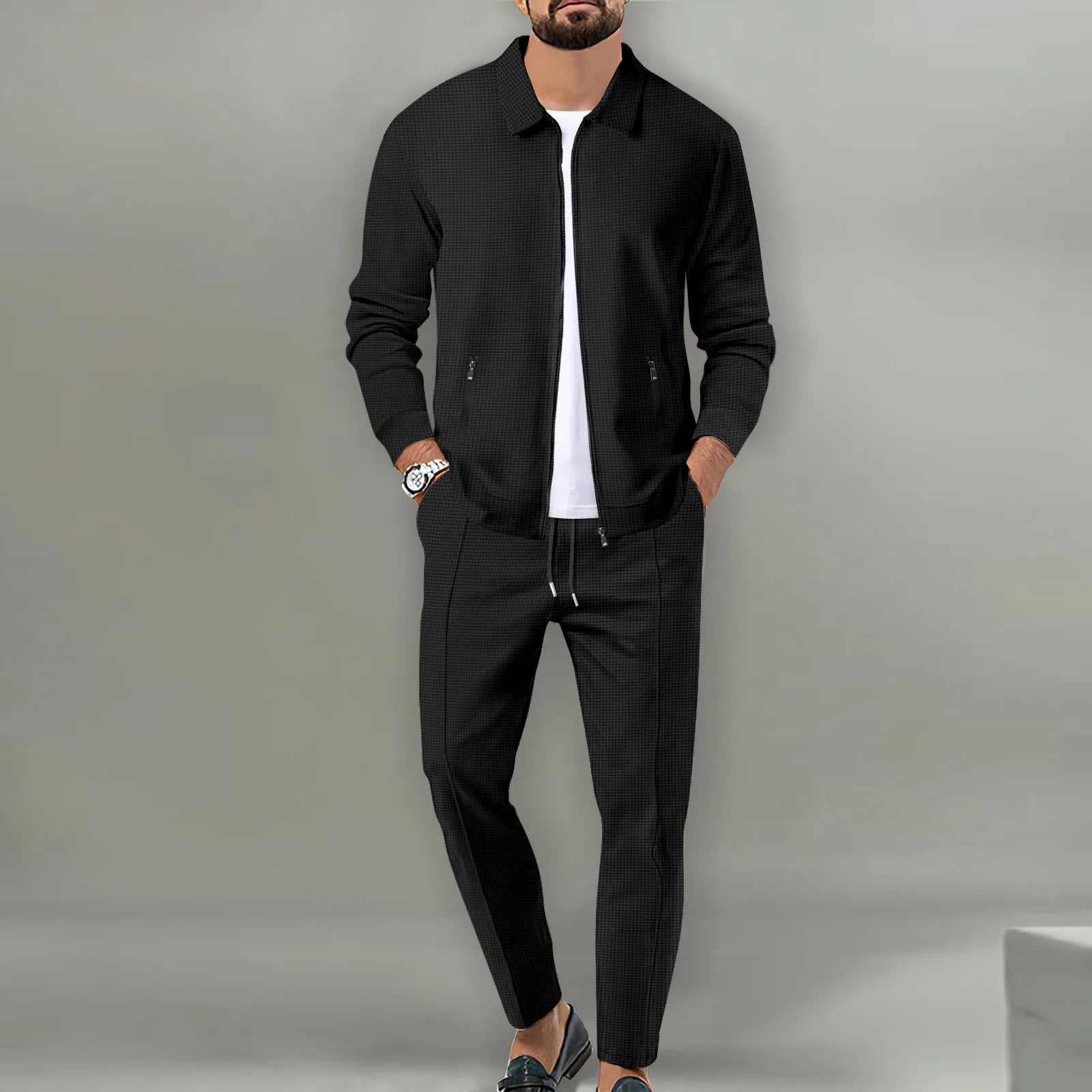 Stephen™ | Soft Waffle Casual Outerwear Set Black