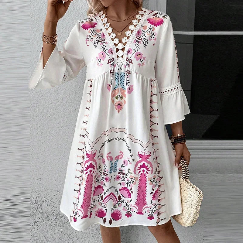 Allisa - Artistic Boho Print Dress Pink Print