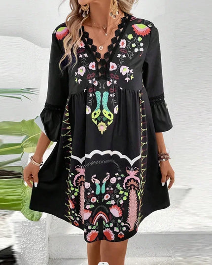 Allisa - Artistic Boho Print Dress Black