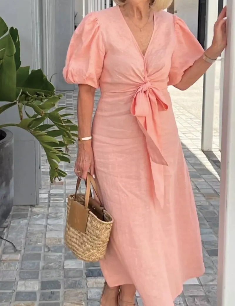 Esther | V-Neck Cotton Dress With Laces - OKOHOKO™ FASHION