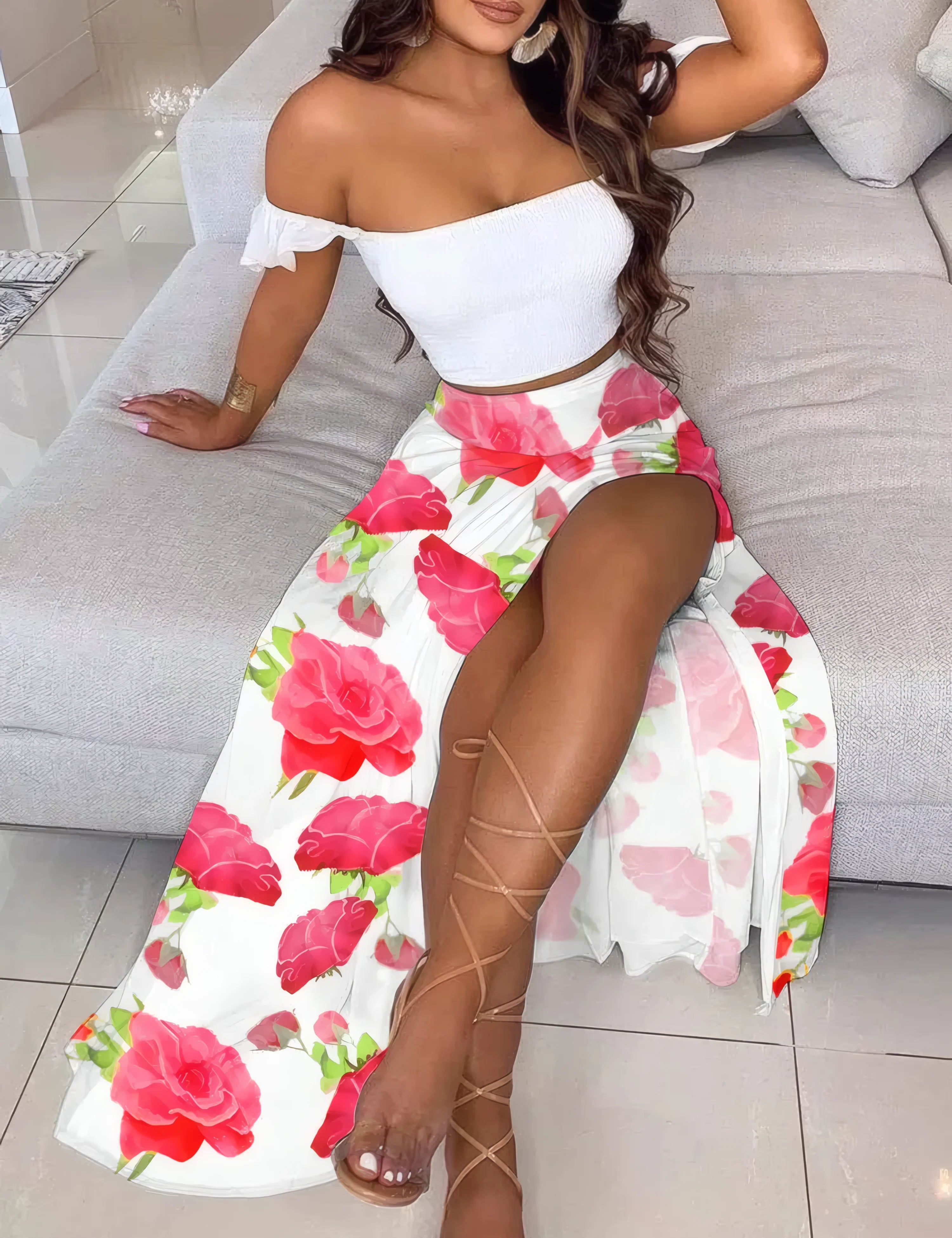 Boho Chic Ensemble Two Piece Set White Flowers
