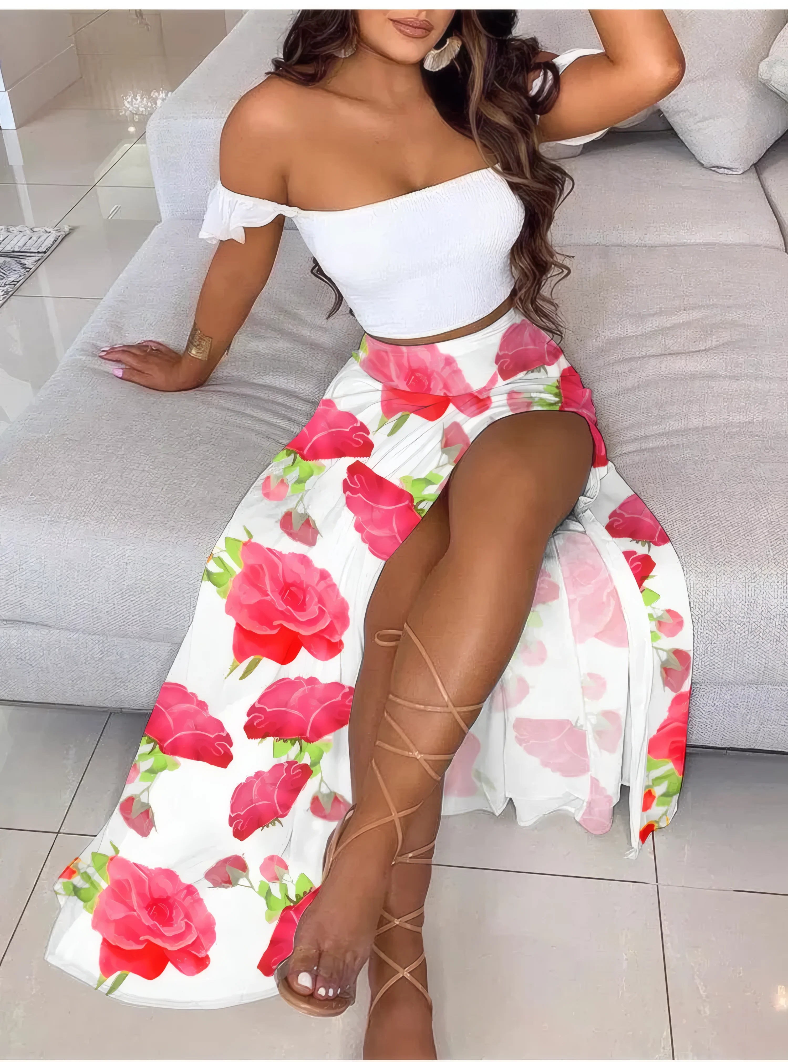 Boho Chic Ensemble Two Piece Set White Flowers
