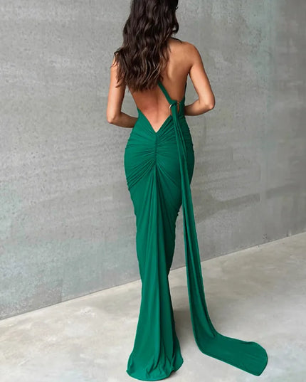 Hugcitar One‑Shoulder Ruched Maxi Dress Green Dresses