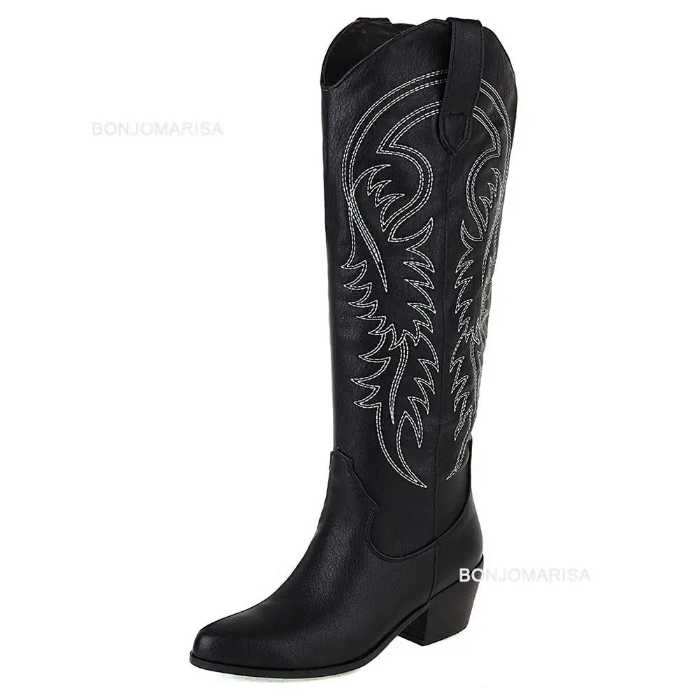 Chunky Heel Cowboy Cowgirl Boots Black Boots