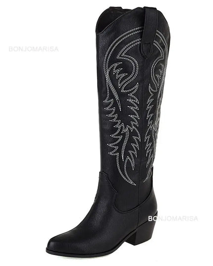 Chunky Heel Cowboy Cowgirl Boots Black Boots