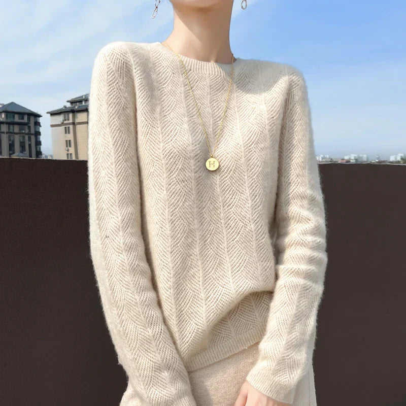 Portofino Knit Sweater – Merino Chevron Luxe Knits Beige Women Winter Sweaters