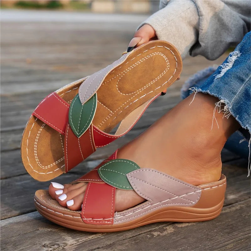 Lina™ - Retro Leaf Slip-On Sandals Red Sandals