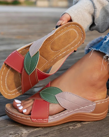Lina™ - Retro Leaf Slip-On Sandals Red Sandals