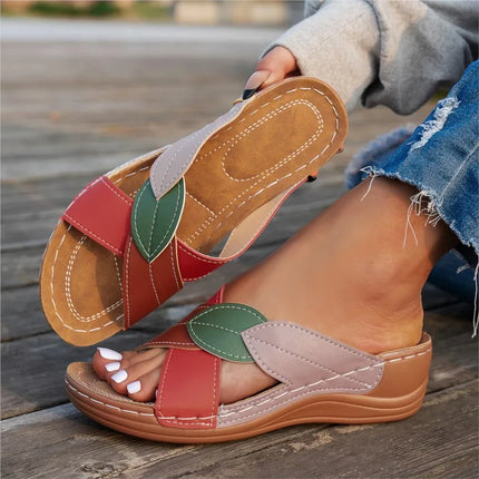 Lina™ - Retro Leaf Slip-On Sandals Red Sandals