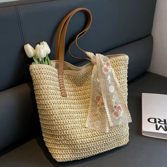 Clara™ | Handmade Woven Tote Bag Beige 32x14x33cm