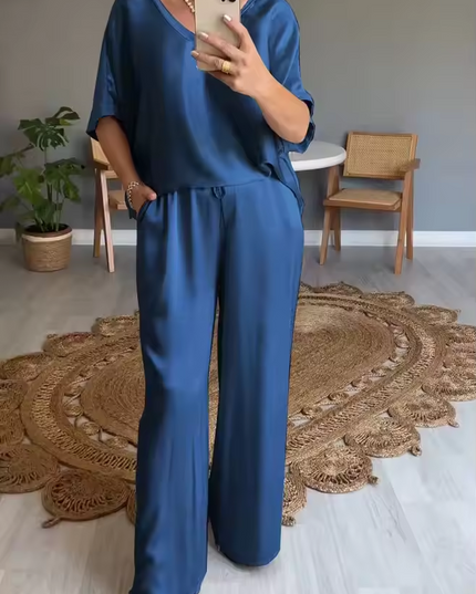 Summer Short-sleeved T-shirt Two-piece Set For Women Malachite Blue Outfit Sets