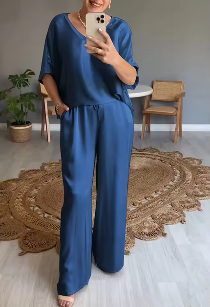 Summer Short-sleeved T-shirt Two-piece Set For Women Malachite Blue Outfit Sets