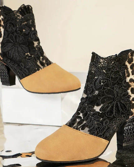 Heloise™ | Elegant Lacy High Heels Mesh Boots Apricot Leopard Shoes & Sandals
