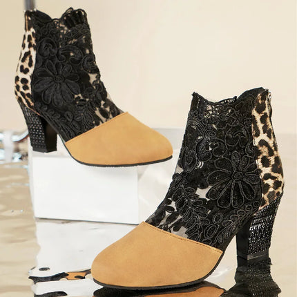 Heloise™ | Elegant Lacy High Heels Mesh Boots Apricot Leopard Shoes & Sandals