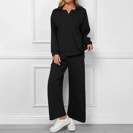 Mireya™ | Women's Lapel V Neck Textured Lounge Sets Black Two piece set