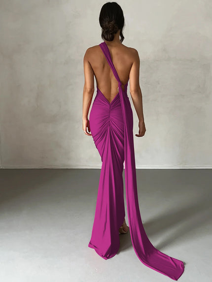Hugcitar One‑Shoulder Ruched Maxi Dress PURPLE Dresses