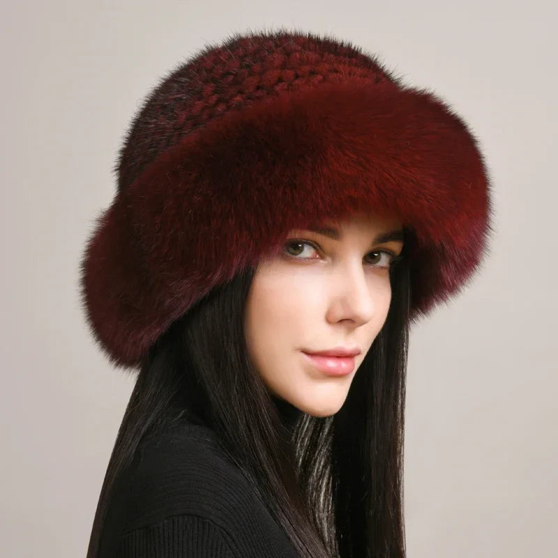 Siberian Aurora Knitted Mink Fur Hat – Luxurious & Timeless Warmth Burgundy Elastic(54-62cm) Hats