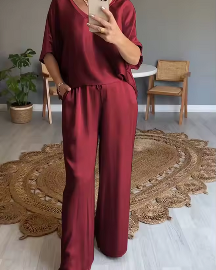 Summer Short-sleeved T-shirt Two-piece Set For Women Claret Outfit Sets