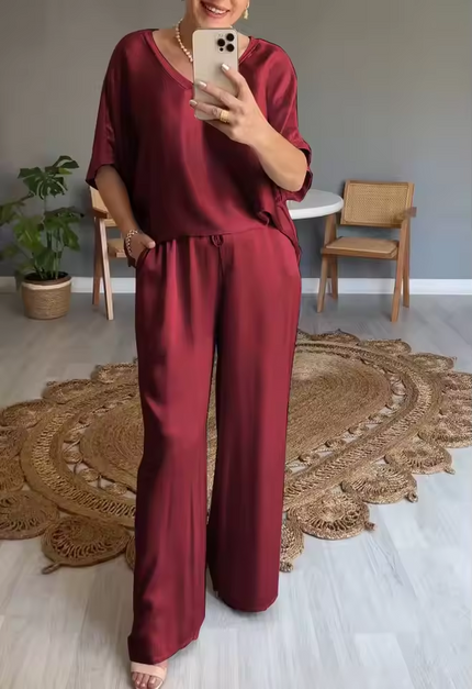 Summer Short-sleeved T-shirt Two-piece Set For Women Claret Outfit Sets