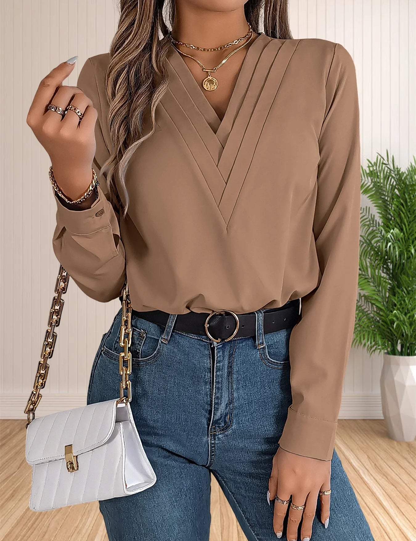 Pamela | Elegant Business Office Blouse Khaki
