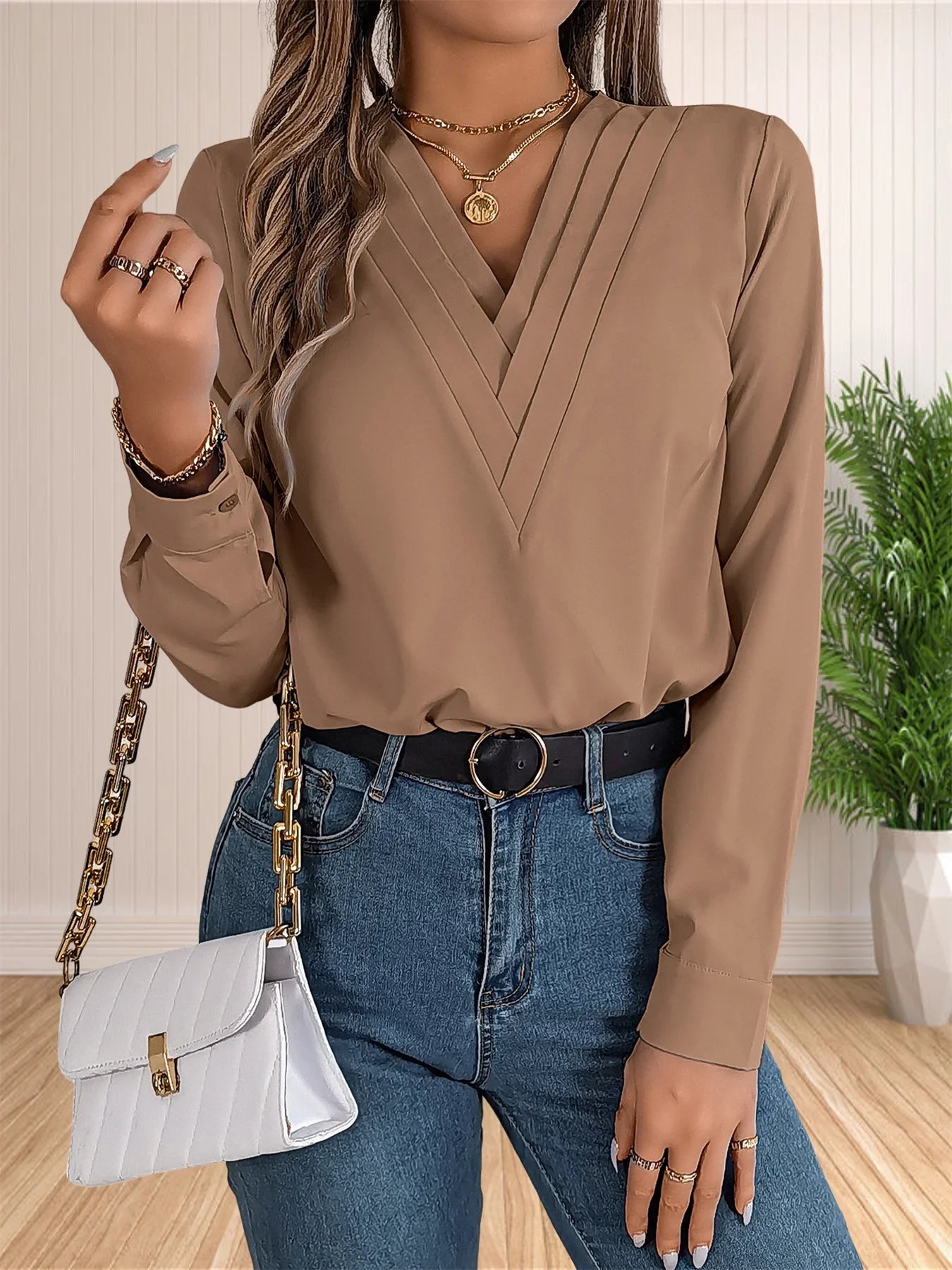 Pamela | Elegant Business Office Blouse Khaki