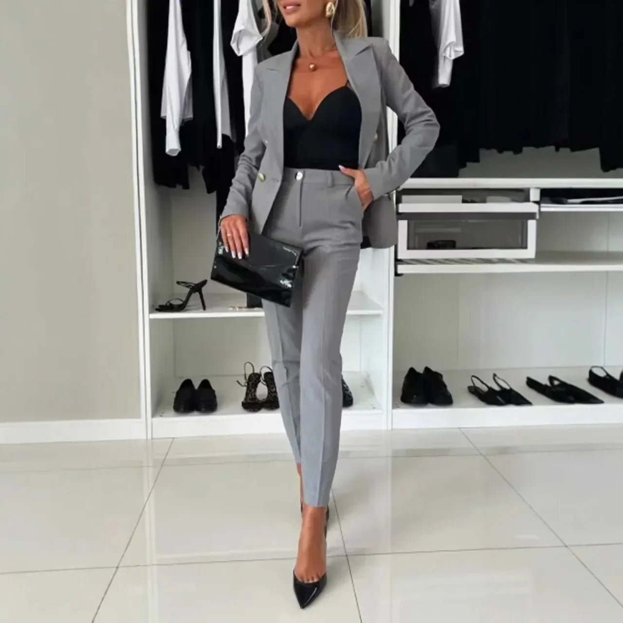 Elyse™ | Corporate Set Blazer & High Waist Pencil Pants Gray Two piece set