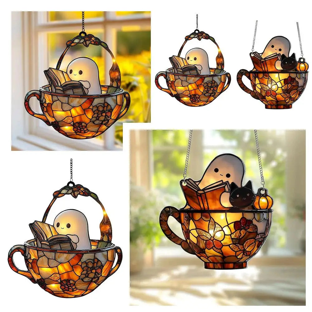 Ghost Reading Book Window Ornament Halloween Decorations