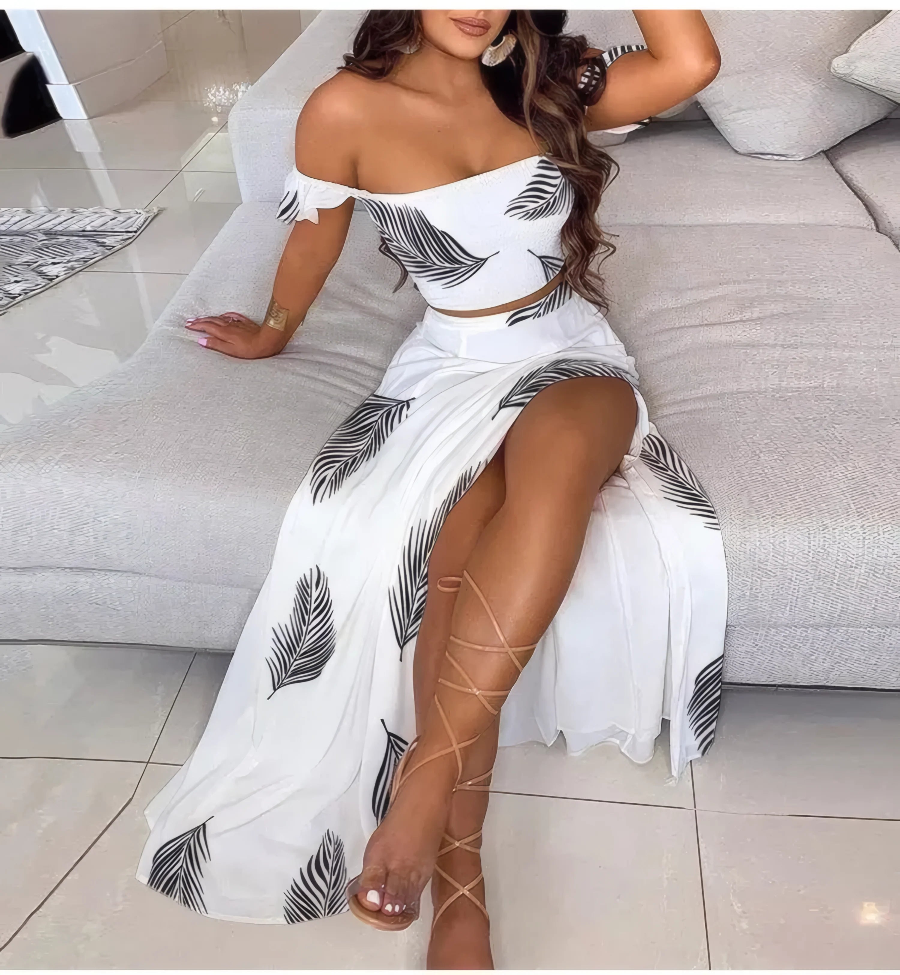 Boho Chic Ensemble Two Piece Set White Feather
