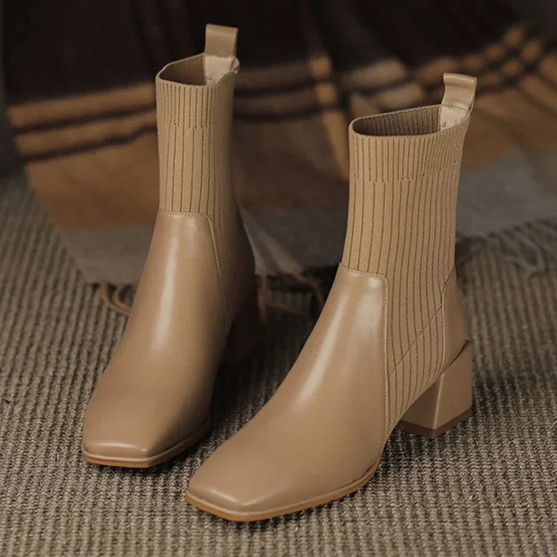 Sleeved Square Toe Boots Women's Footwear