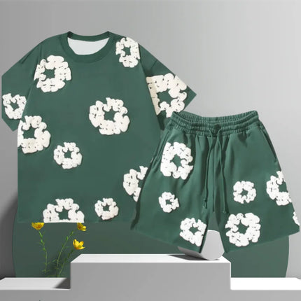 Men's Denim Tears Cotton Flower 3D Printed Shorts Set Green Shorts