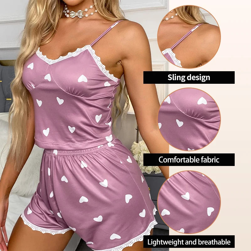 Women’s V‑Neck Lace-Trim Pajama Set Women's Tops