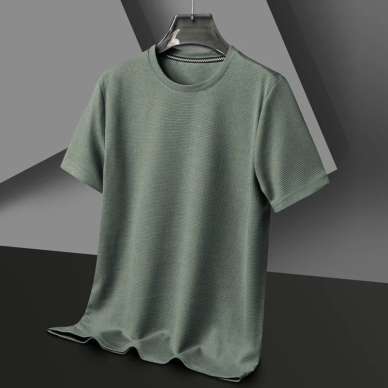 Men’s Summer Waffle Knit Round Neck T-Shirt – Lightweight Casual Tee green Men T-Shirts
