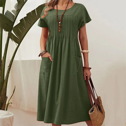 Danika™ | Vintage-Inspired Loose Fit Cotton Dress Army Green Dresses