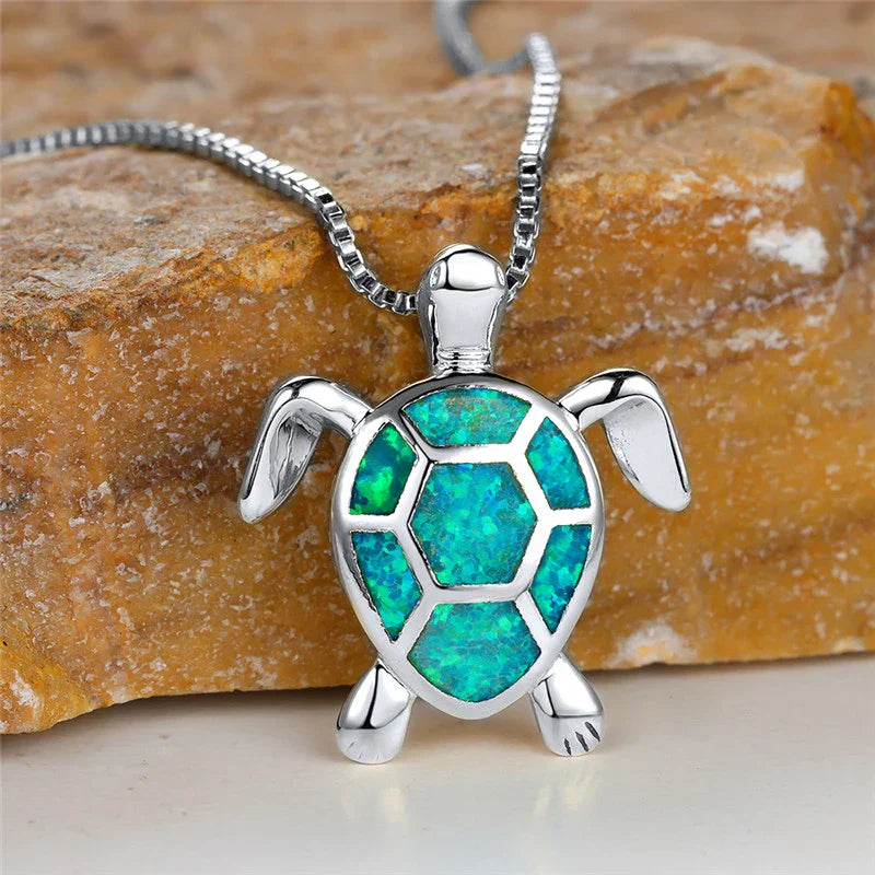 Ocean's Promise Opal Turtle Necklace Silver Green Necklace