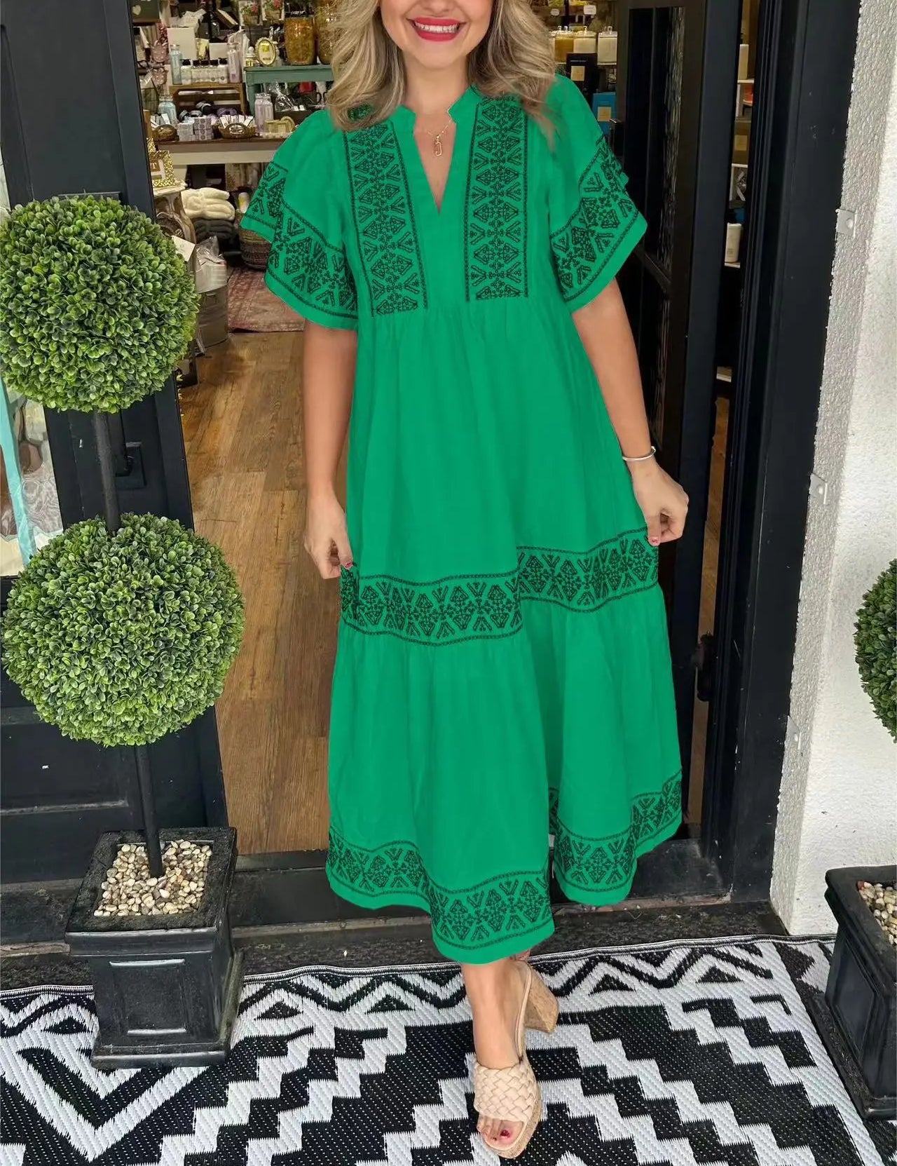 Araceli™ | Women's V-Neck Boho Dress Green Dress