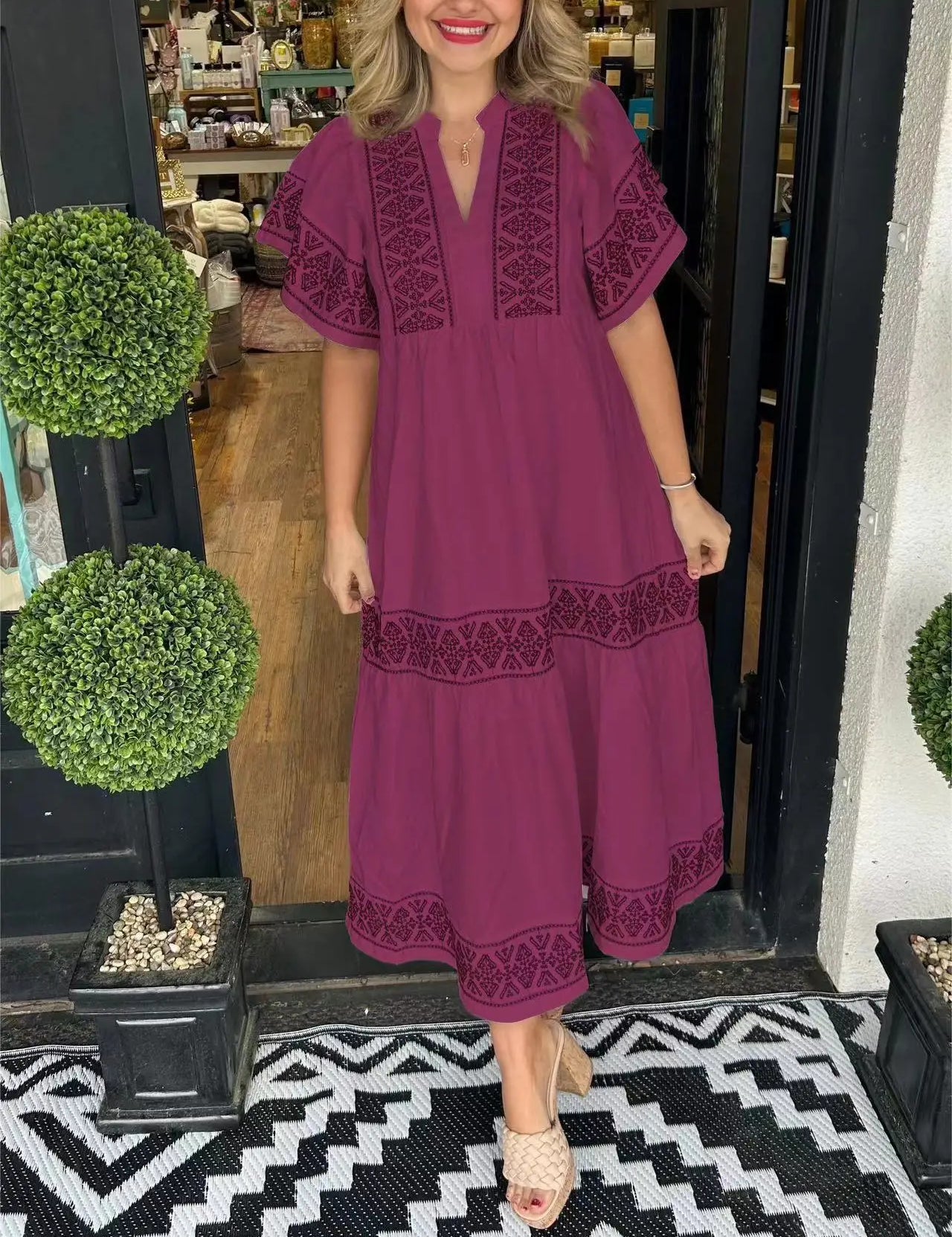 Araceli™ | Women's V-Neck Boho Dress Claret Dress