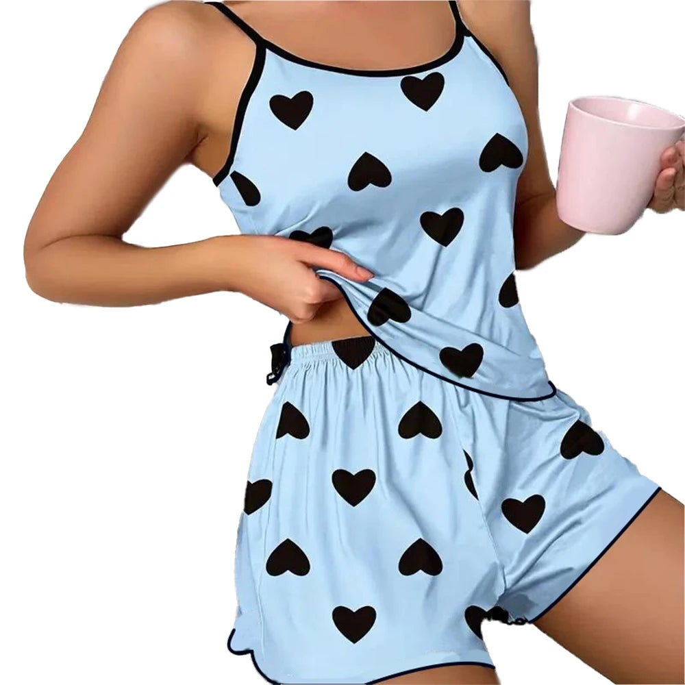 Women's Ice-Silk Heart-Print Pajama Set Women's Tops