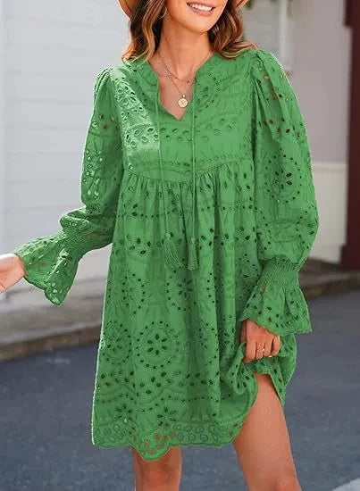 Vintage Eyelet Cotton Midi Dress Green Dresses