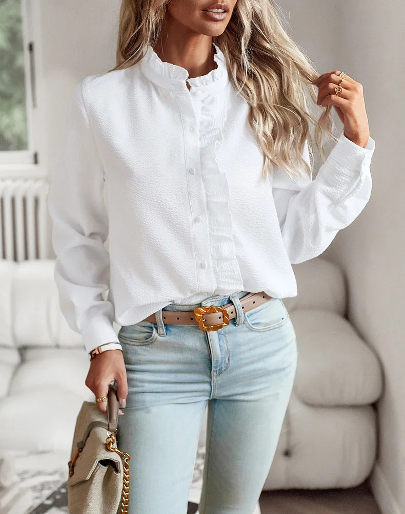 Nora I Elegant Office Frill with Stand-Up Collar Shirt Women Blouse