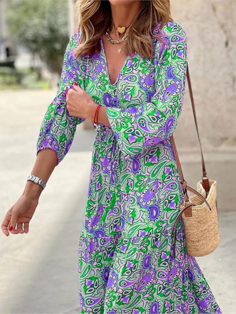 Women’s Boho V-Neck Printed Midi Dress Dresses