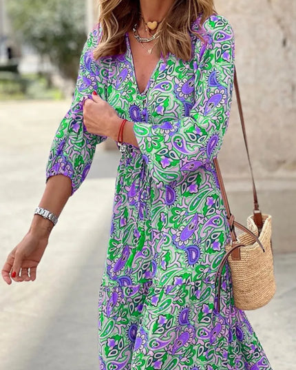 Women’s Boho V-Neck Printed Midi Dress – Long Sleeve High-Waist Casual Dresses