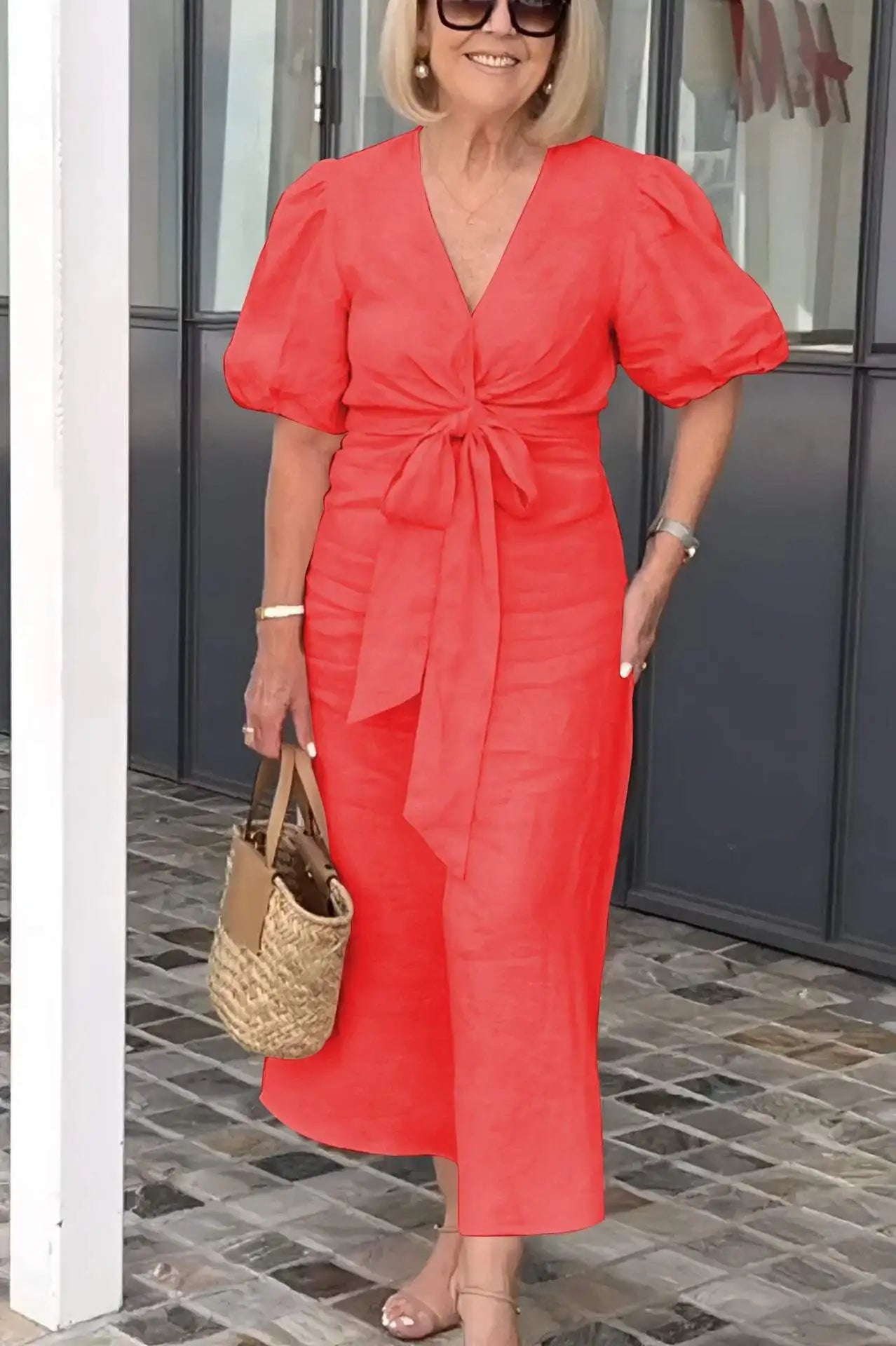 Esther | V-Neck Cotton Dress With Laces Red Dresses