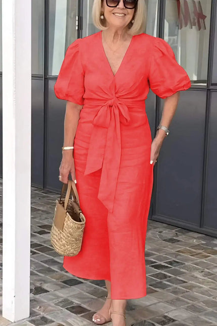 Esther | V-Neck Cotton Dress With Laces Red Dresses