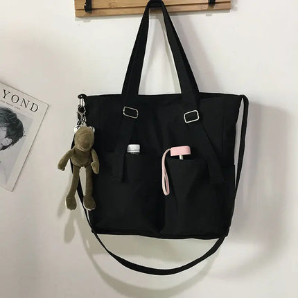 Waterproof Oxford Large-Capacity Women's Tote Bag Black with Frog Tote Bags