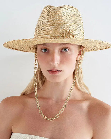 Handmade Straw Sun Hat with Metal Chain for Women Hats