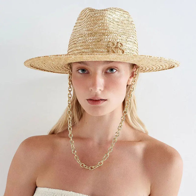 Handmade Straw Sun Hat with Metal Chain for Women Hats